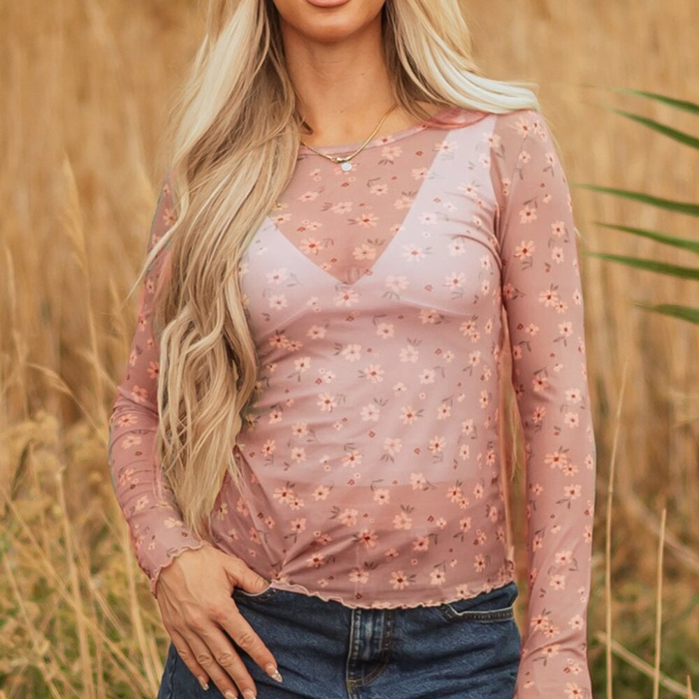 B334 Pink Vintage Floral Print Southern Style Mesh Long Sleeve Top